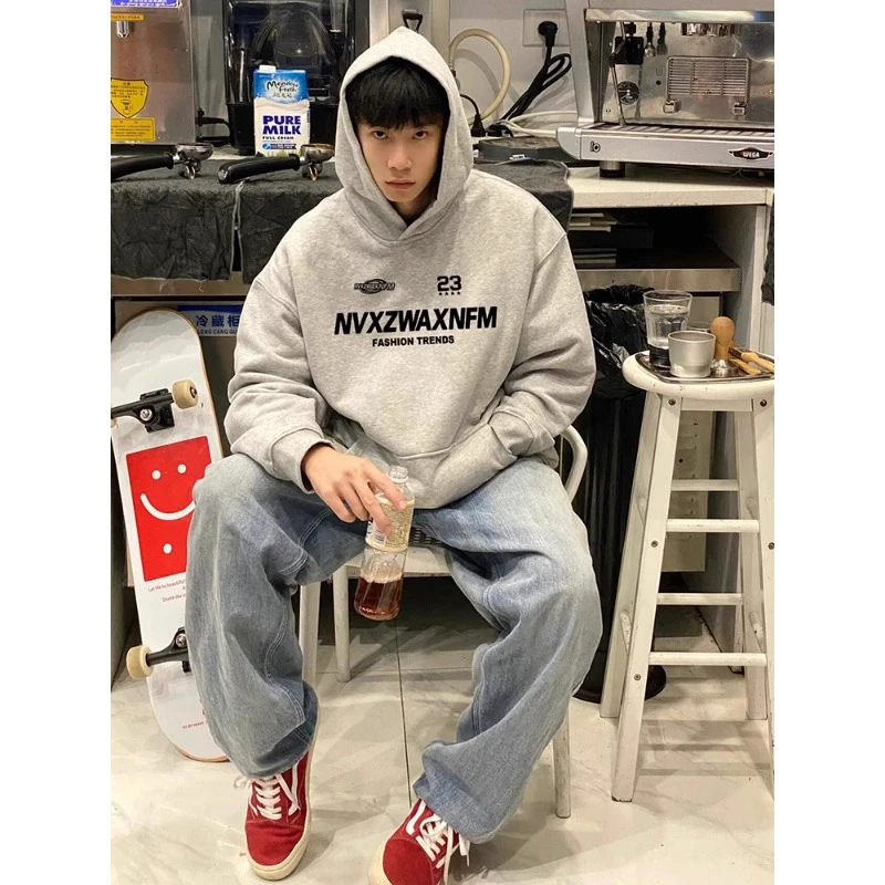 美式运动连帽卫衣男秋冬季加绒加厚宽松套头外穿上衣高级感男装