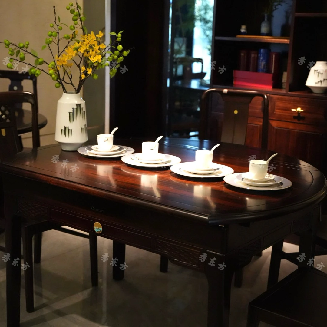 新中式黑檀实木餐桌椅伸拉折叠简约家用可变圆桌实木家具可伸缩