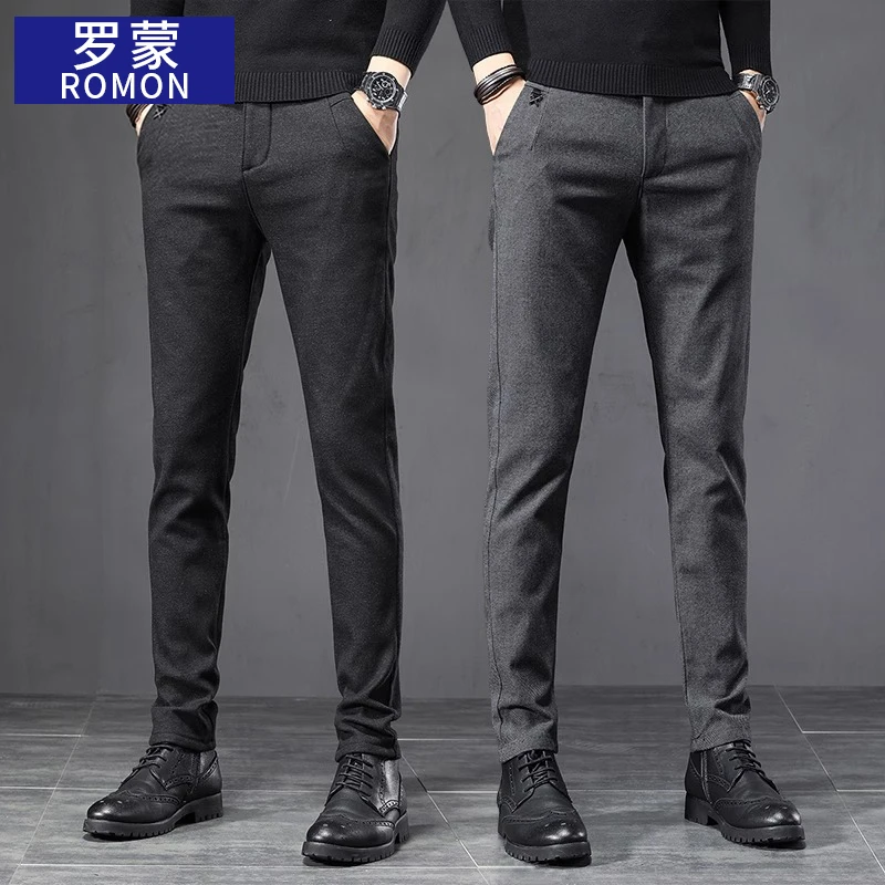 罗蒙磨毛休闲裤男士春秋季新款商务西裤潮牌直筒修身长裤子男百搭