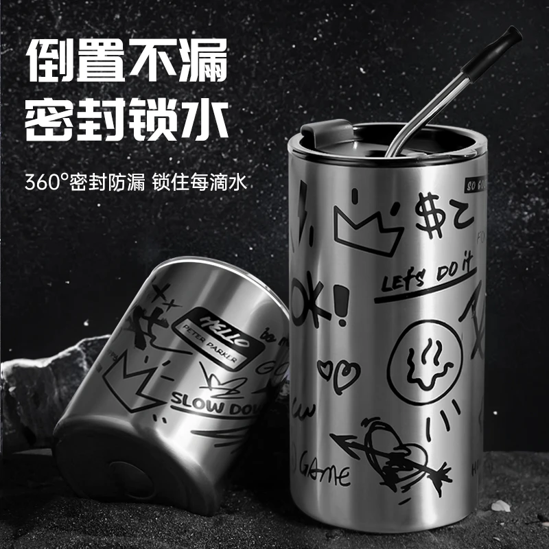 高颜值小众工业风带盖吸管保温杯大容量女学生可爱杯子咖啡杯男士