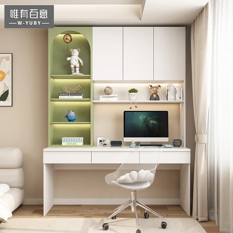 家用书桌书柜一体桌学生学习桌台式电脑桌书房办公桌奶油风写字台
