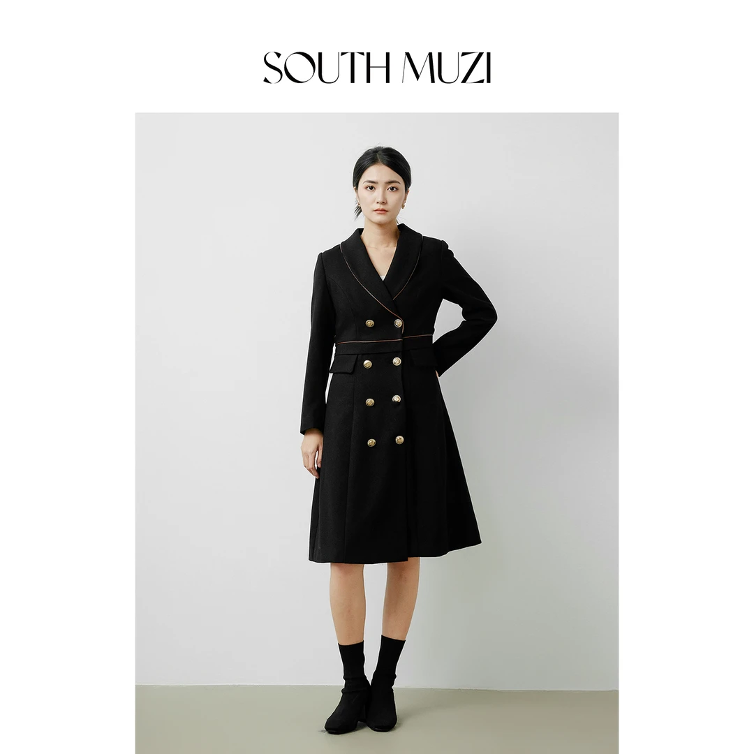 【黑韵风姿】连衣裙显瘦气质时尚女士黑色收腰秋冬双排扣QDL10