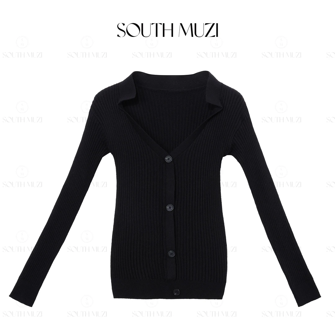 【罗马围场】秋冬黑色法式翻领开衫长袖毛衣显瘦柔软打底衫QDY8