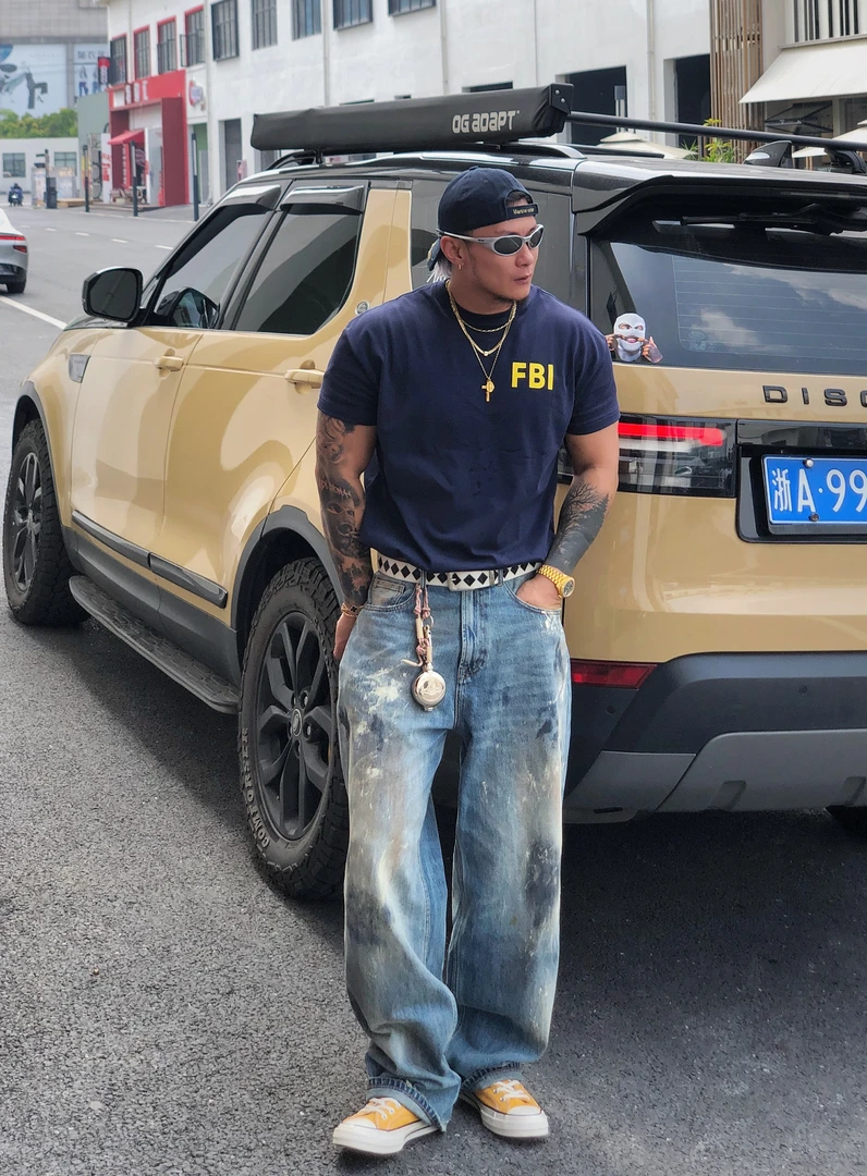 bodysoul直筒做旧水洗14oz美式街头潮流阔腿男女休闲鸟屎牛仔裤