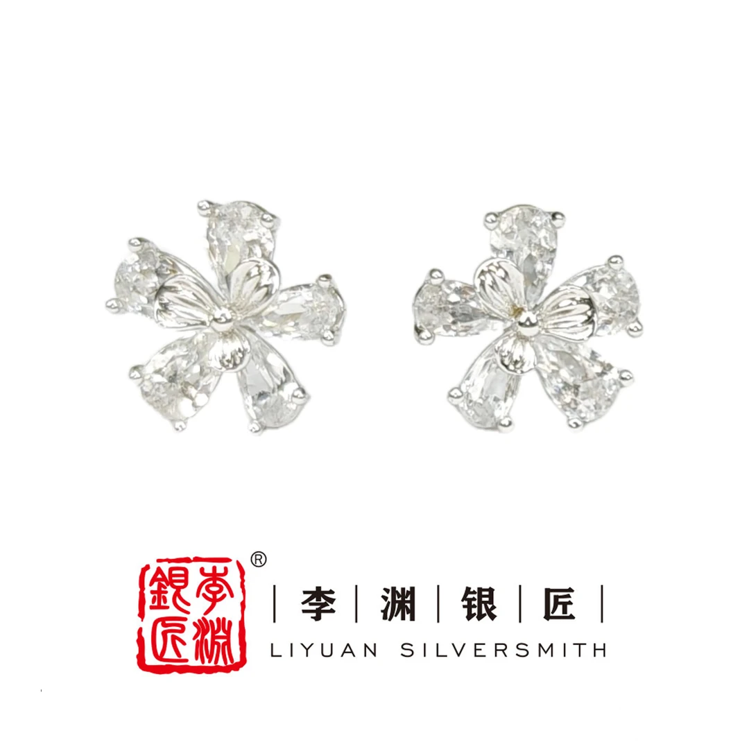 李渊银匠 925银耳饰 镶锆钻星耀五瓣耳钉时尚轻奢女神饰品 通勤风