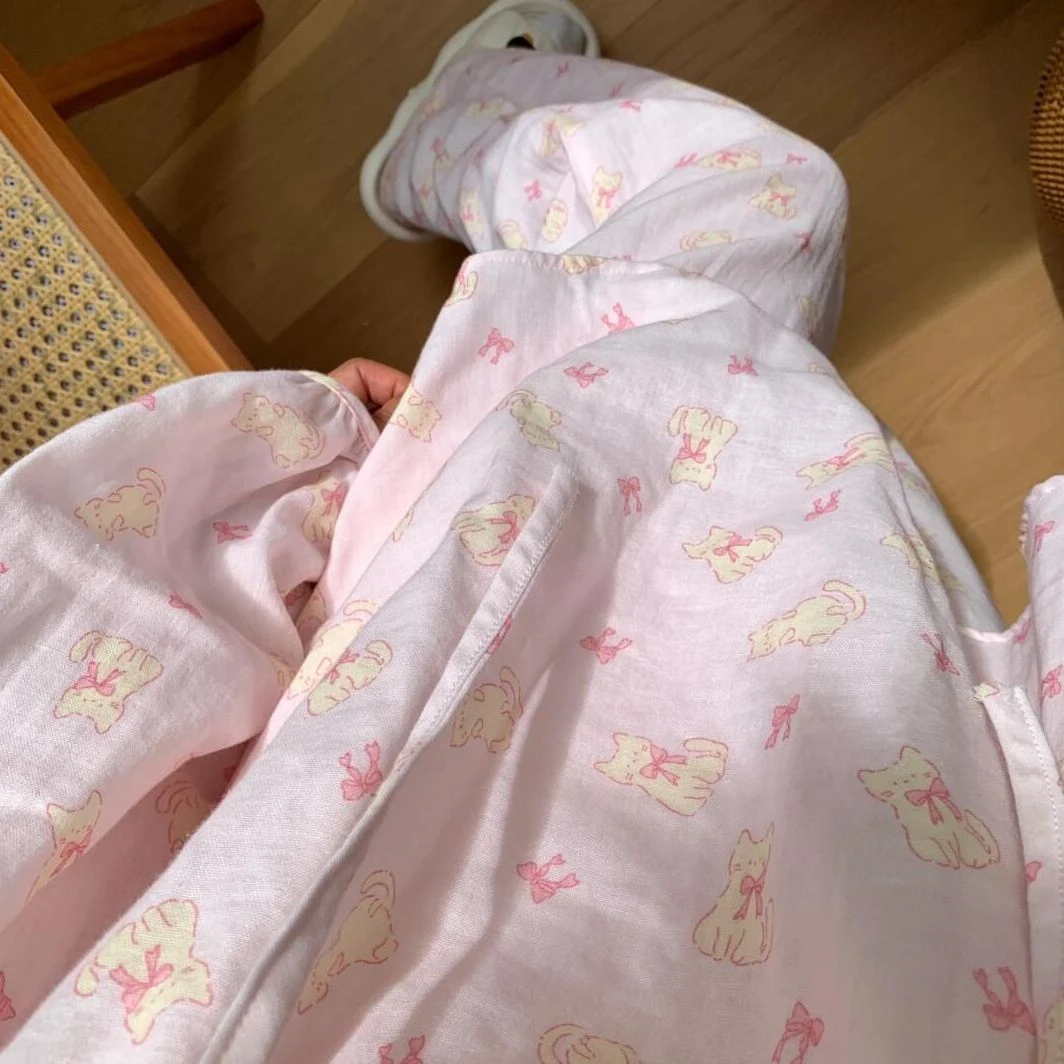 蝴蝶结猫咪印花睡衣女春秋新款甜美小众长袖长裤居家服可外出套装