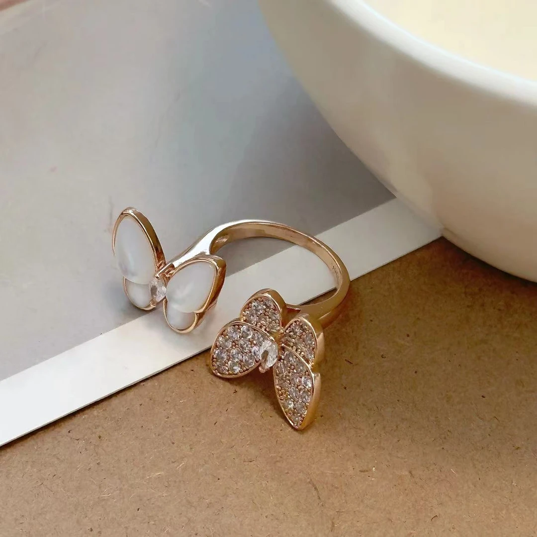 铜合金合成锆石戒指 毒饰高定   轻奢锆石双蝴蝶开口戒指KG8598