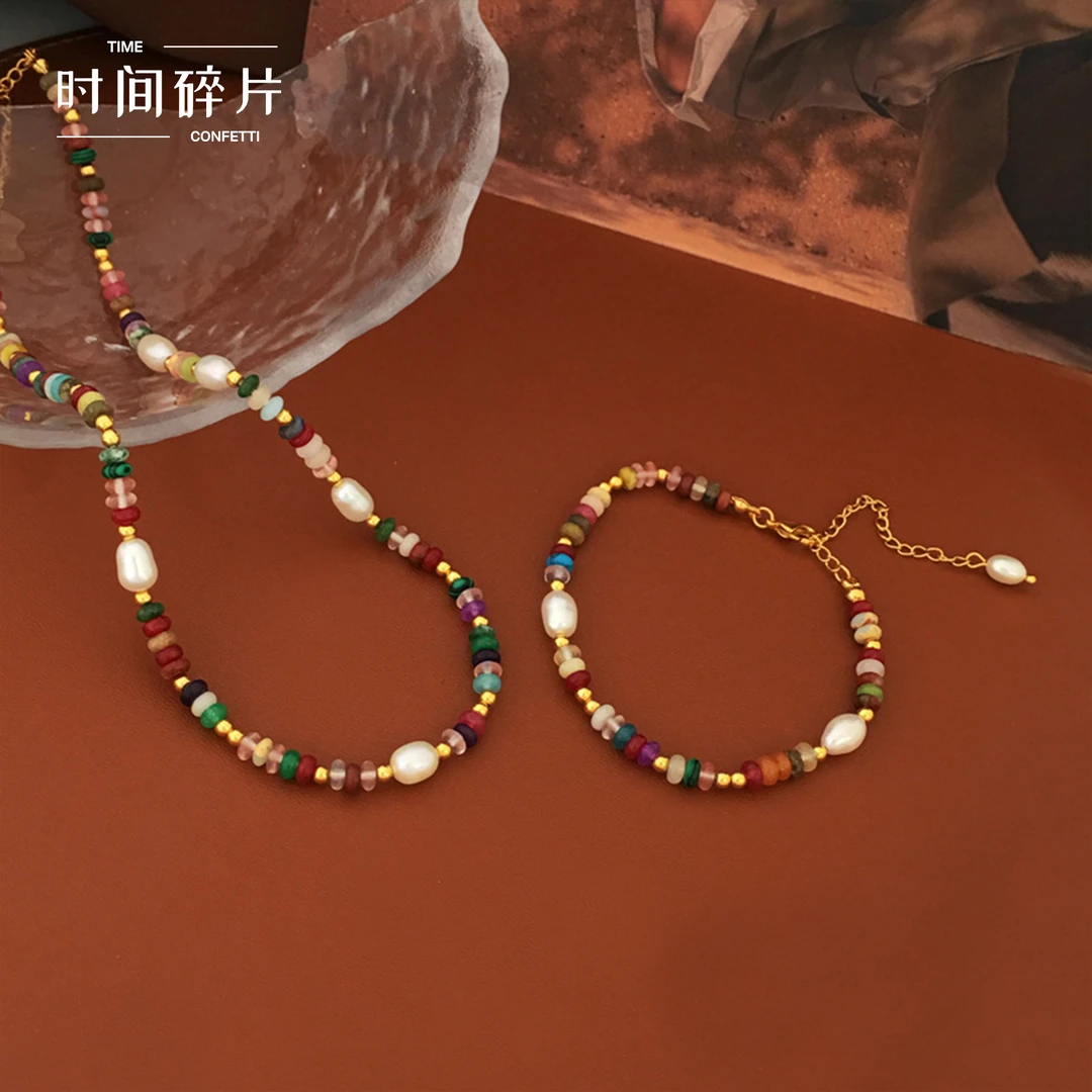 铜合金项链 【孙二娘】波西米亚复古小众撞色串珠项链手链T C 5341