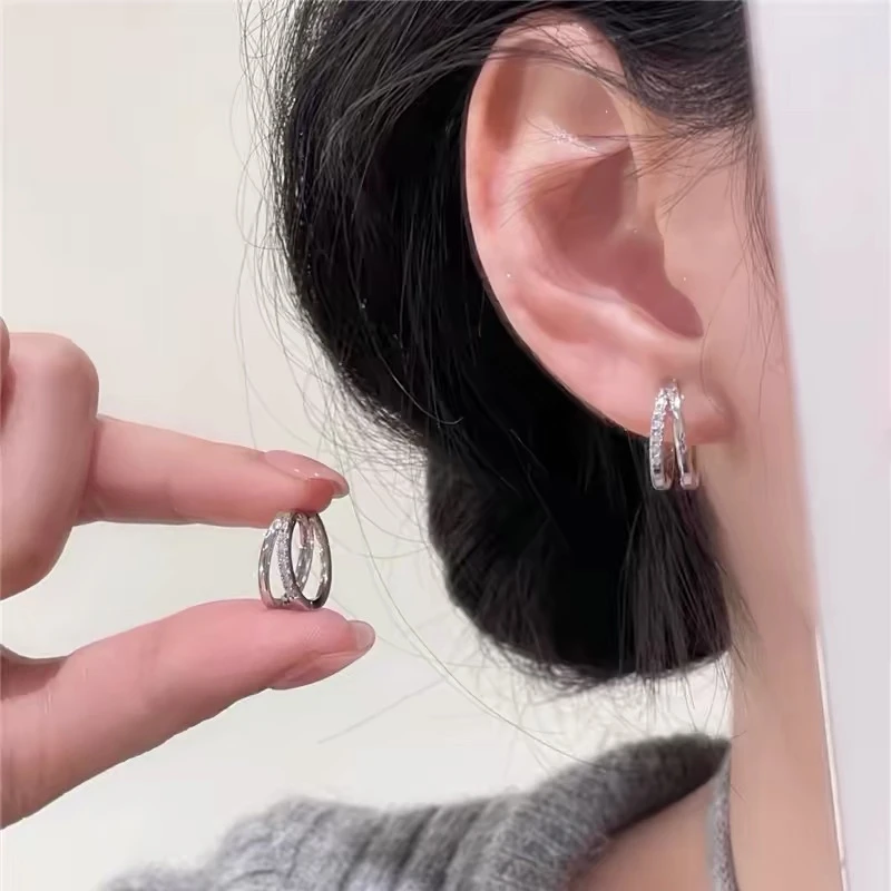 合金耳饰 925银针双层闪钻耳扣时尚轻奢素款小众高级感百搭精致