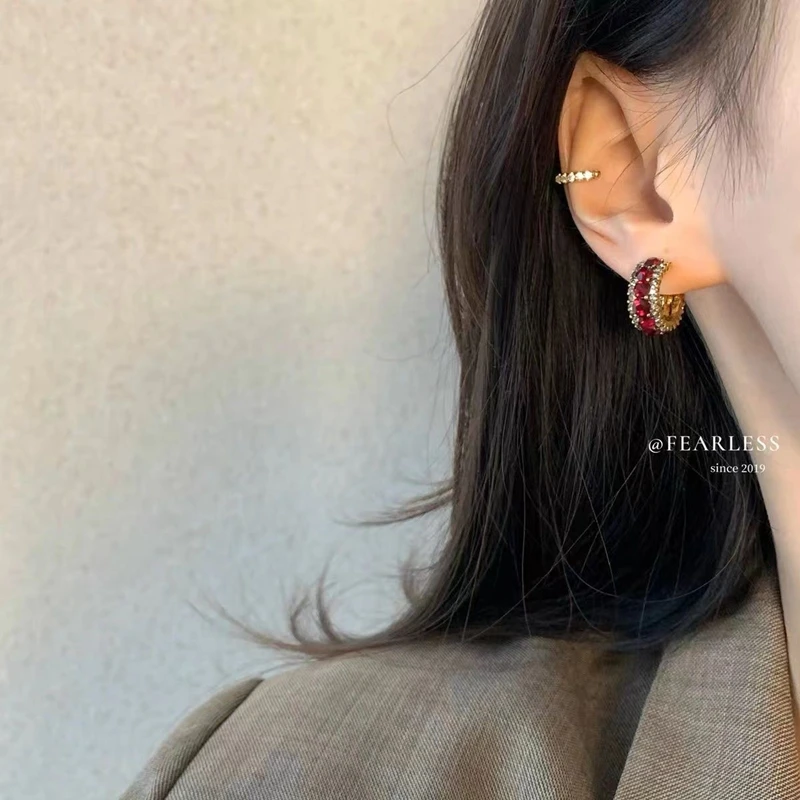 合金耳饰 925银针复古红色彩钻百搭气质耳钉轻奢小众高级感精致