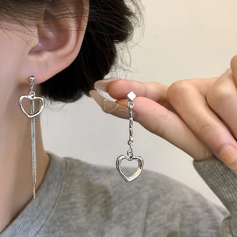 合金耳饰 925银针爱心气质时尚素款流苏耳钉轻奢小众高级感精致
