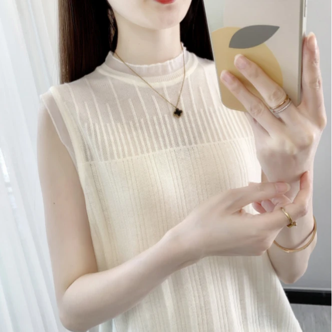 2024蕾丝无袖背心打底衫女装夏季新款休闲清爽欧根纱内搭可外穿