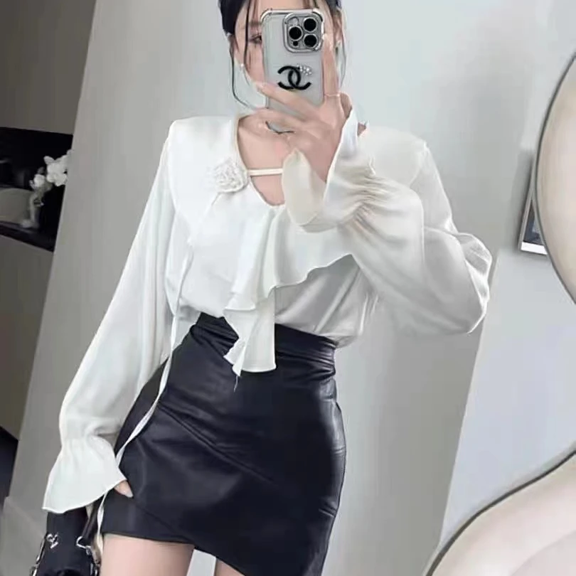 法式气质荷叶边V领长袖衬衫女2025百搭上衣高腰半身皮裙两件套