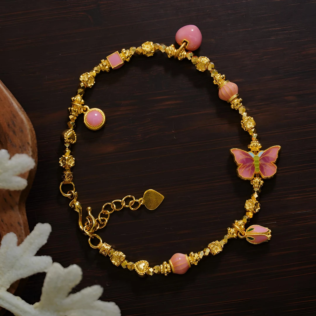 【若曦专属】手工足金999高温烧蓝渐变粉蝴蝶郁金香爱心手链PC0355