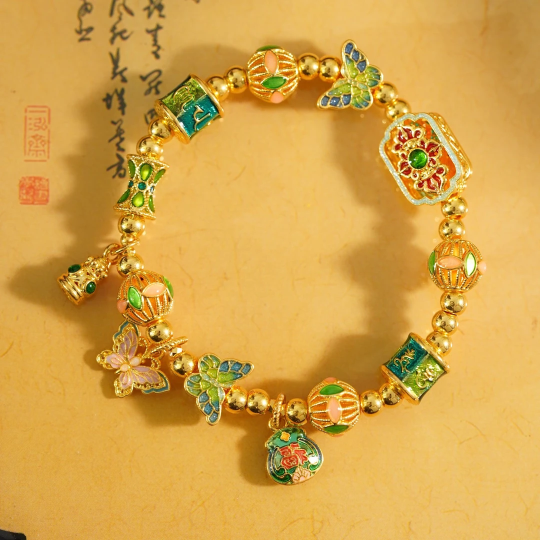 【琪琪专属】足金999高温烧蓝蝴蝶六字真言珠大花珠手串HZ0149