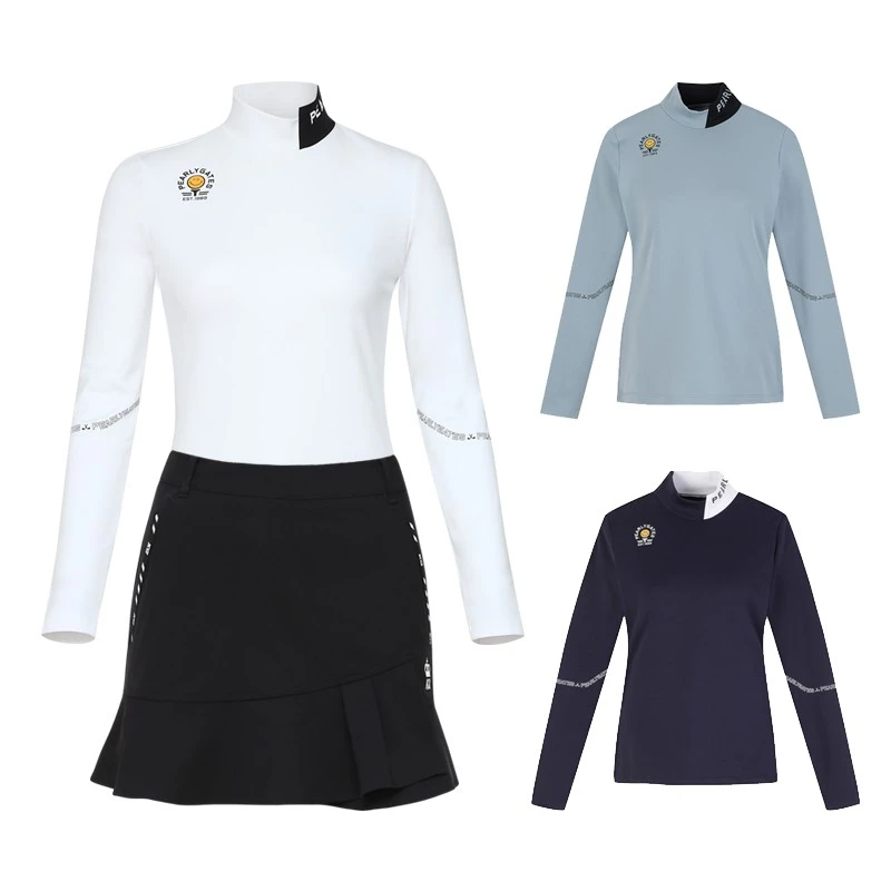 科耳吉韩版高尔夫服装女士长袖T恤修身高领保暖白磨毛起绒打底衫