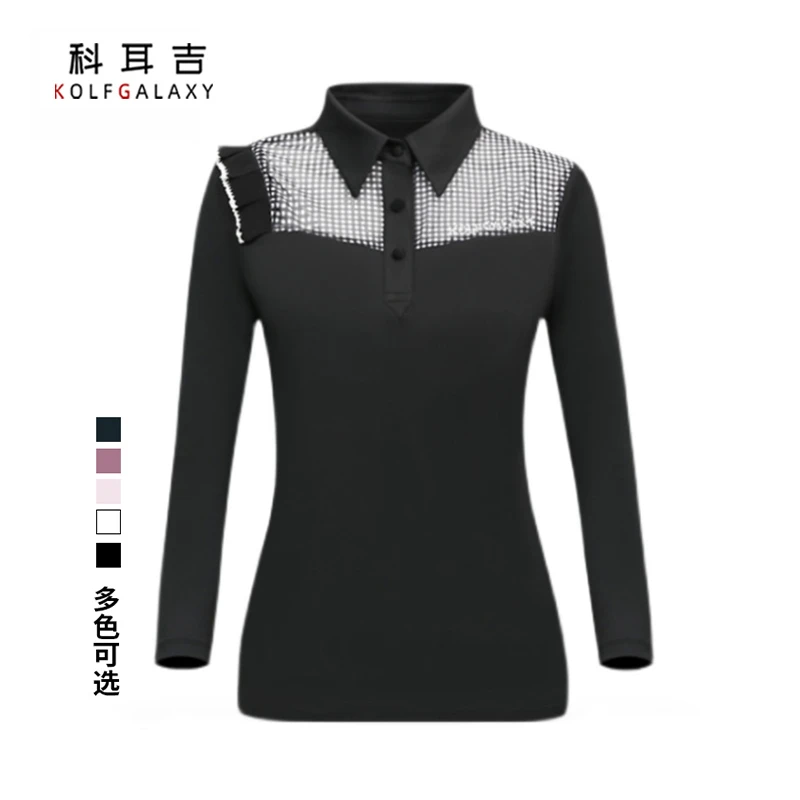 科尔吉 时尚运动休闲冰丝高尔夫网纱飞边袖笼长袖修身速干女T恤