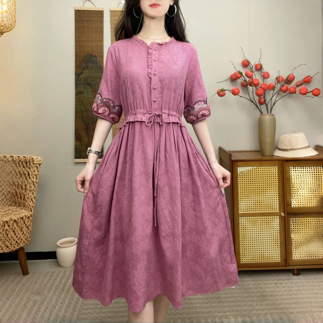 蔓络衣品-名族风刺绣纯棉提花透气连衣裙