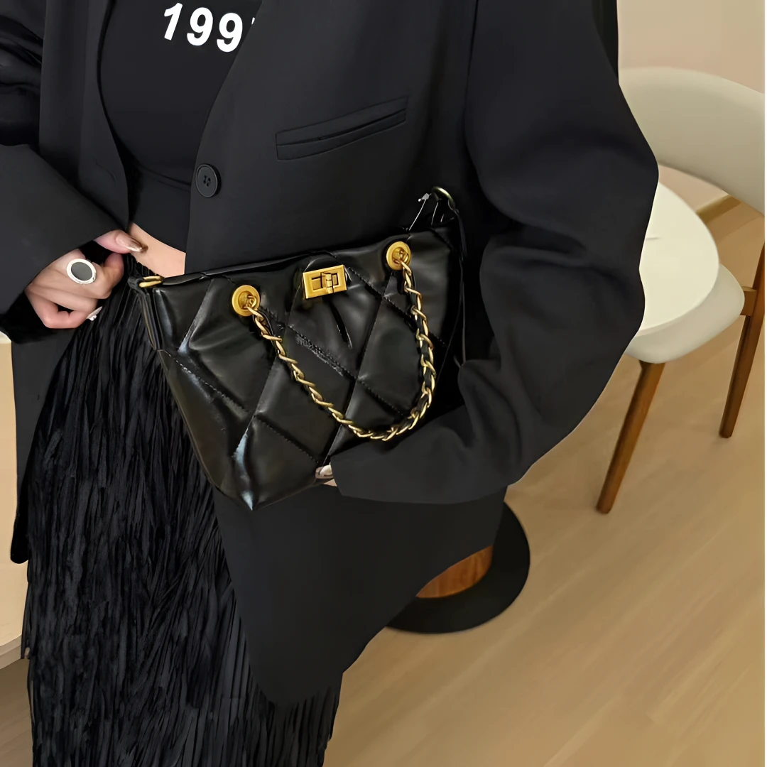 【CAICAI】羊皮女包2024新款小香风轻奢菱格链条包单肩托特斜挎包包