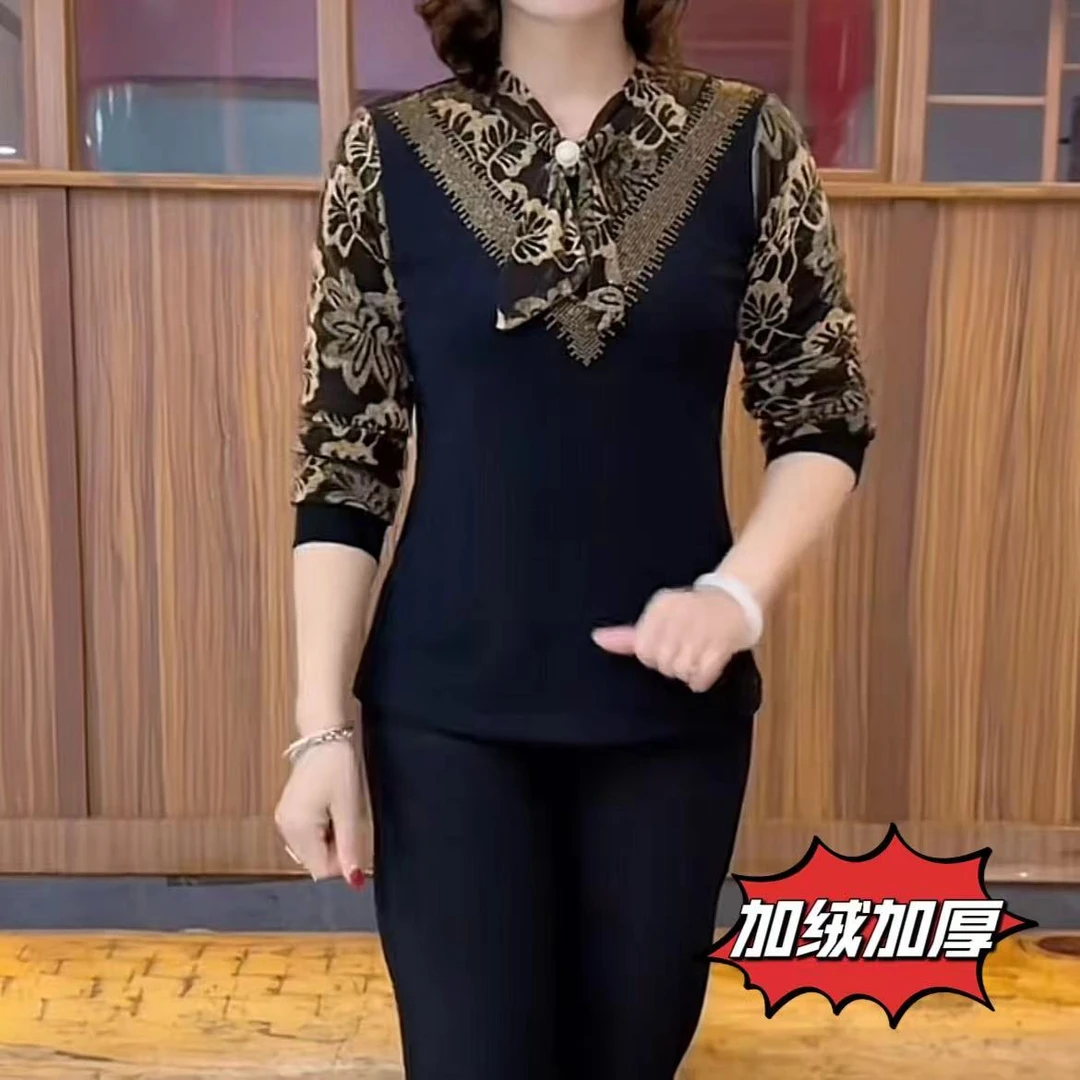 秋冬新款女士上衣飘带纽扣拼接加绒加厚百搭气质宽松显瘦妈妈装