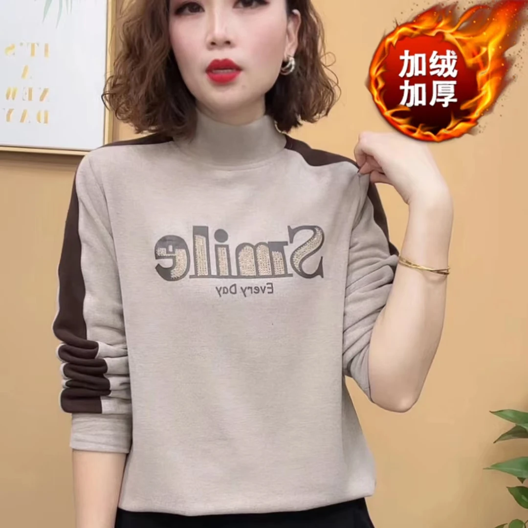 高领宽松上衣T恤2023字母套头秋冬新款洋气时尚双面绒加厚保暖
