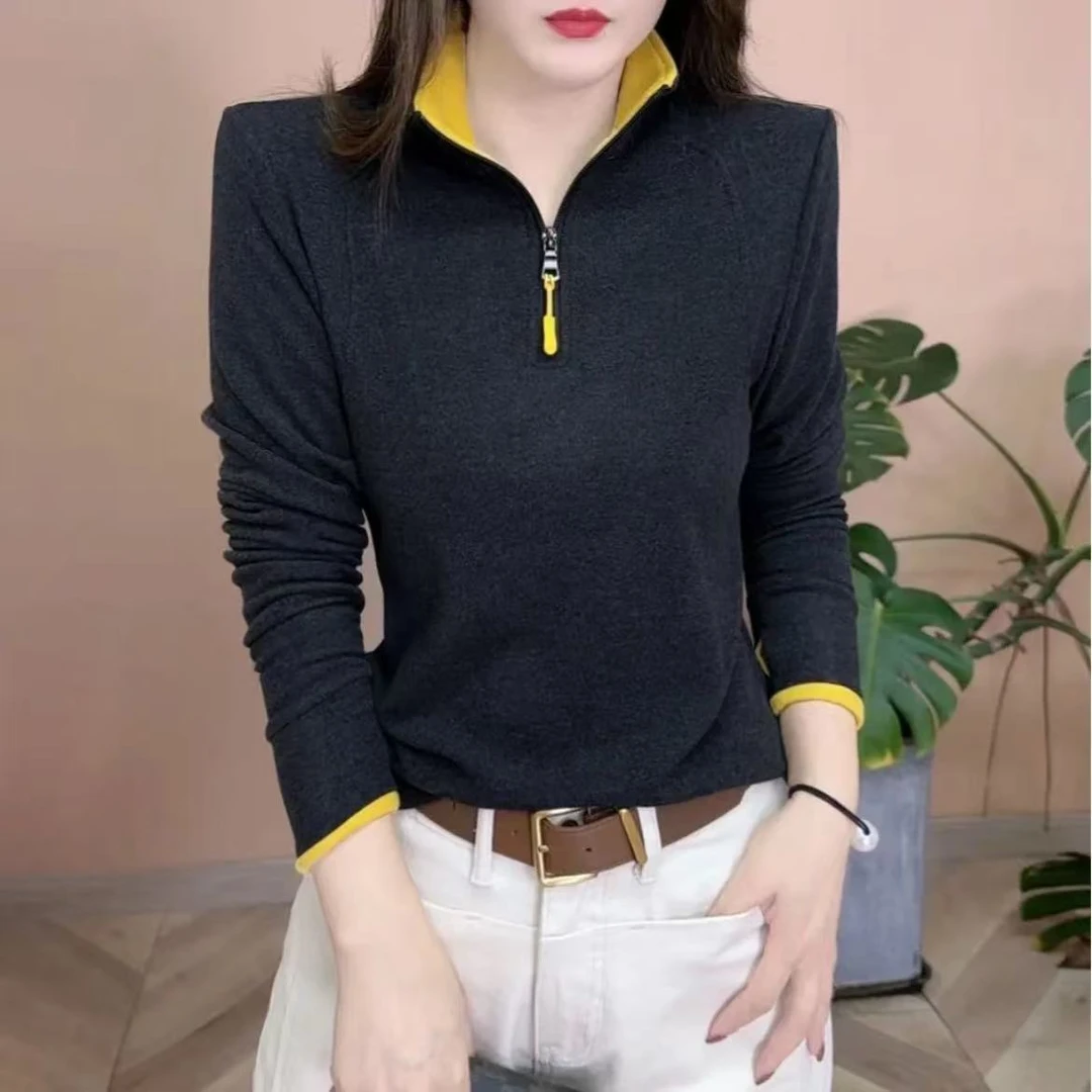 秋冬新款女士时尚洋气百搭修身显瘦拼色加绒加厚半拉链打底小衫