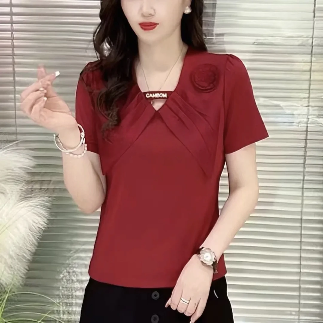夏季新款短袖洋气圆领时尚气质百搭设计上衣立体一朵花纯色小衫