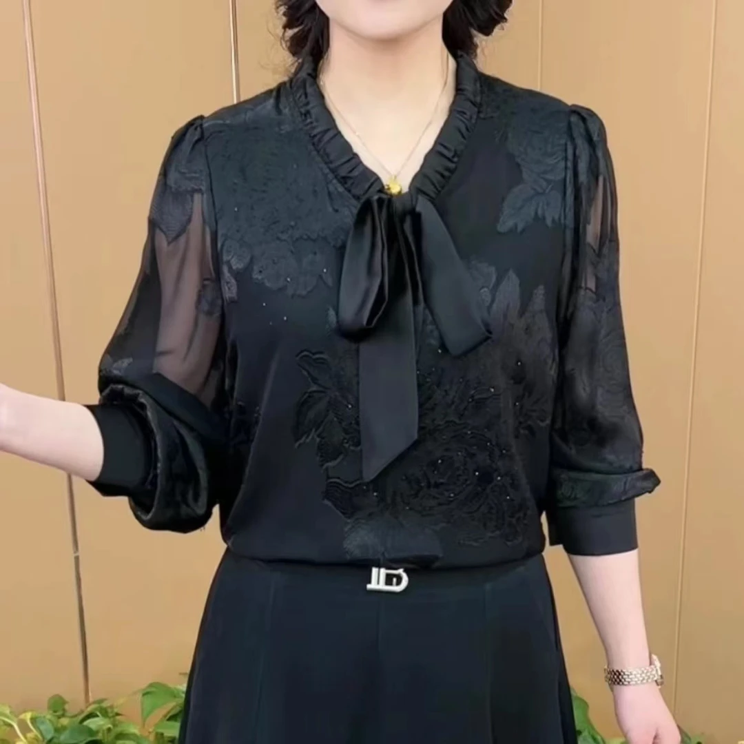 春秋新款翻领中老年妈妈时尚小衫印花宽松洋气T恤长袖打底上衣