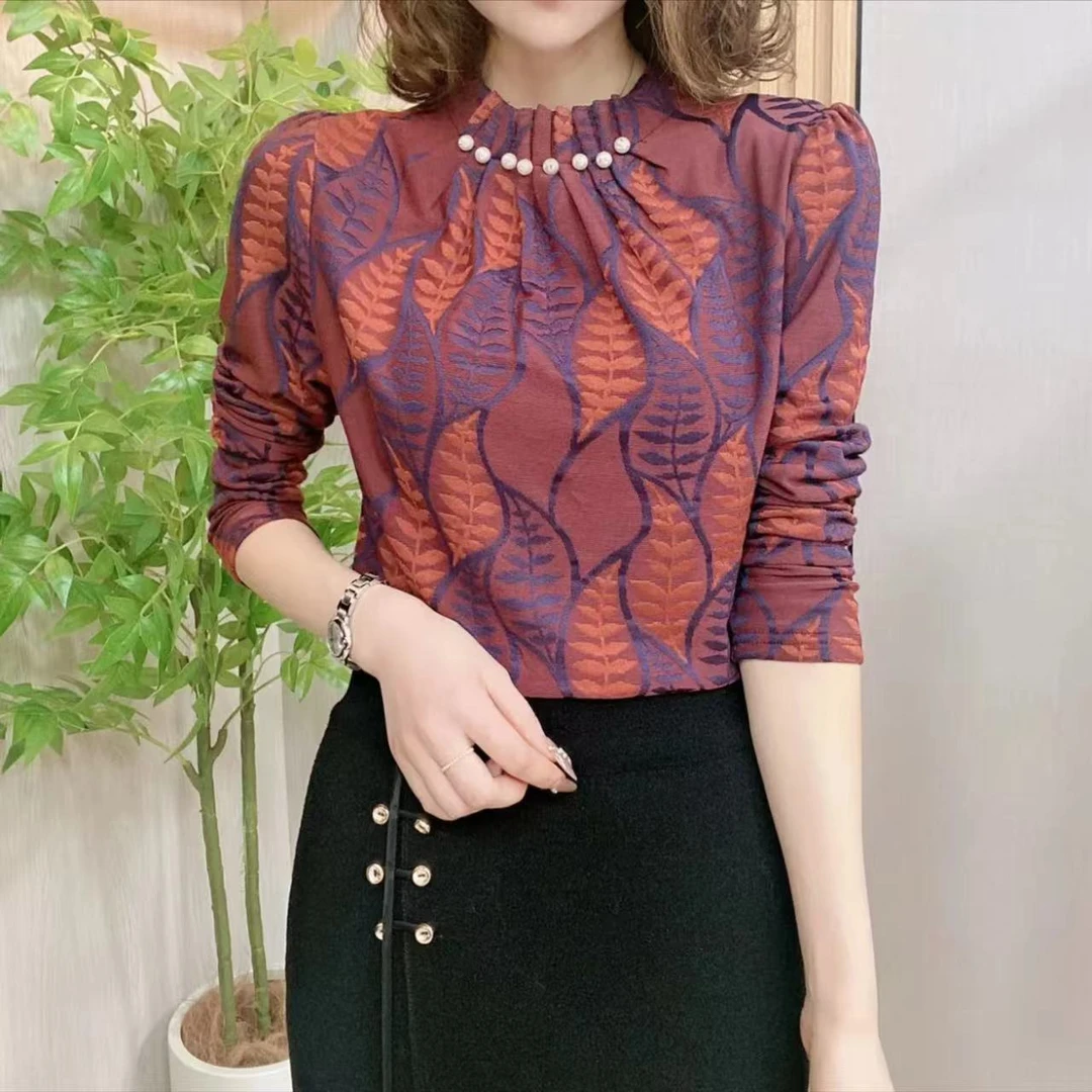 秋冬树叶围脖重工钉珠新款女士上衣修身显瘦洋气时尚百搭女人味