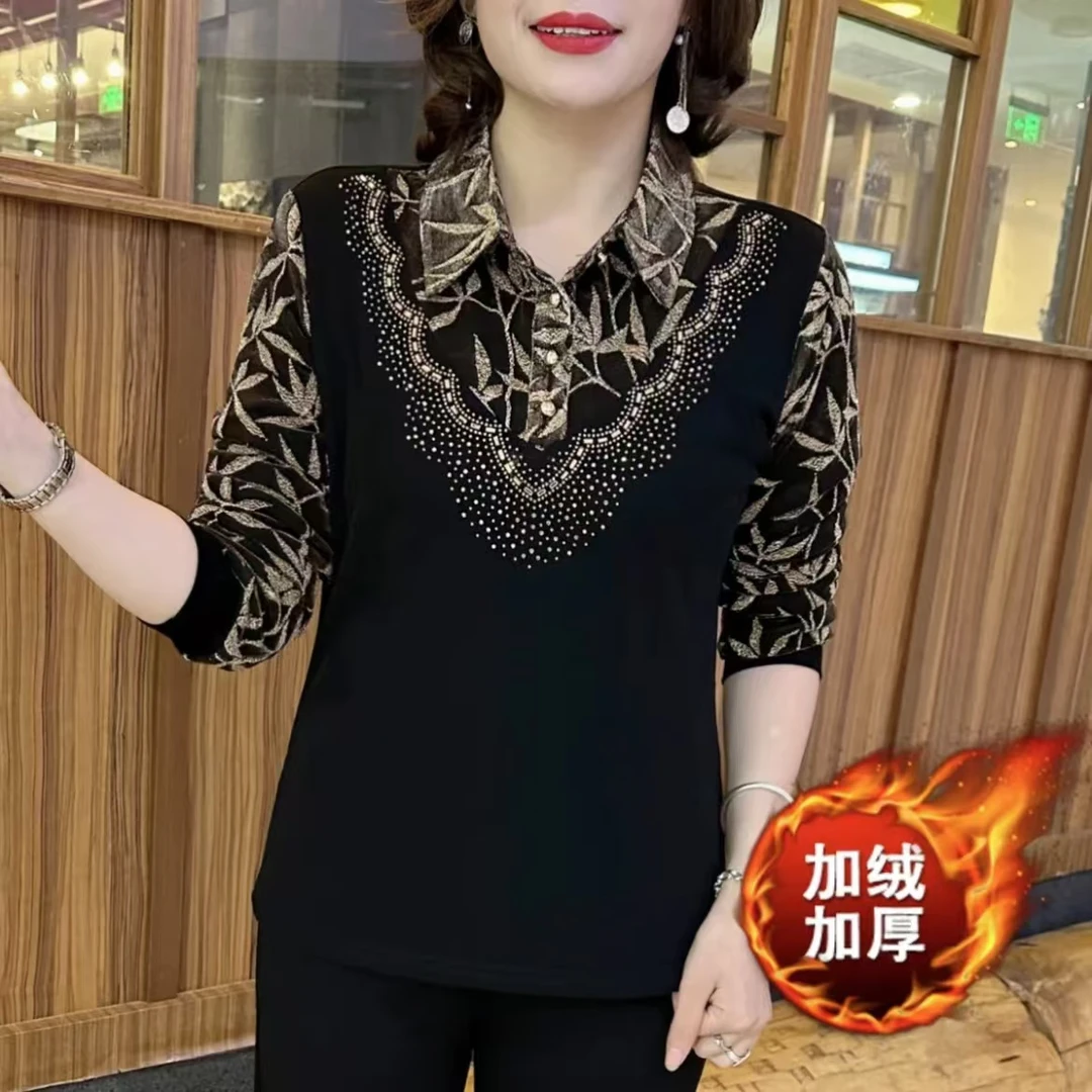 秋冬新款女士polo领拼接碎花显瘦百搭保暖加绒加厚时尚妈妈装小衫