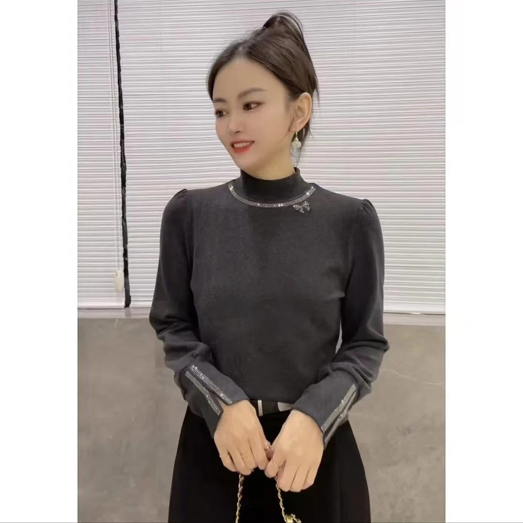 2024加绒加厚百搭上衣T恤时尚气质保暖打底烫钻修身显瘦小衫女士