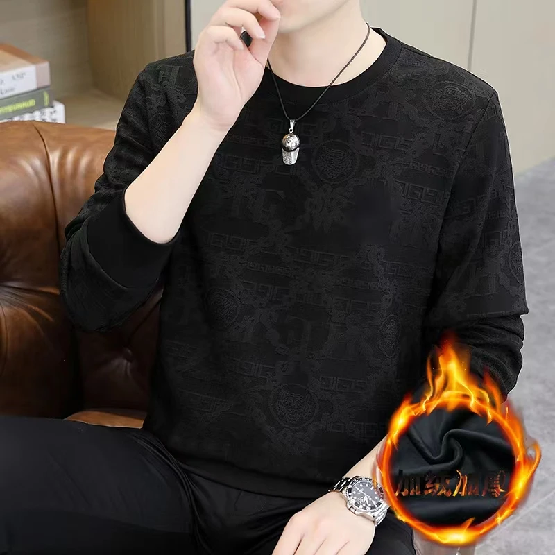 2023秋冬季新款加绒加厚时尚经典休闲百搭高品质圆领修身男士长袖