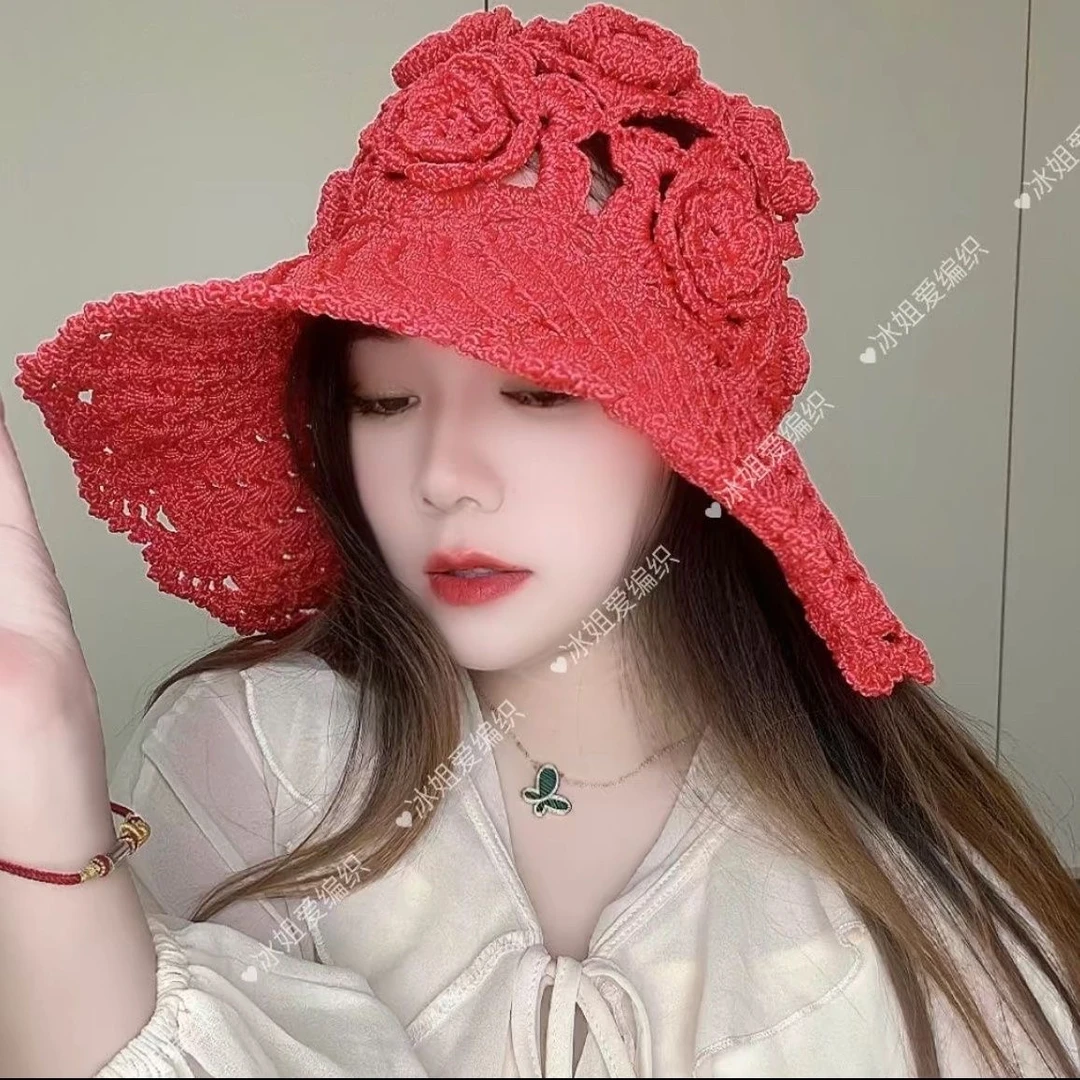 玫瑰花大檐花边夏凉帽网红时尚百搭
