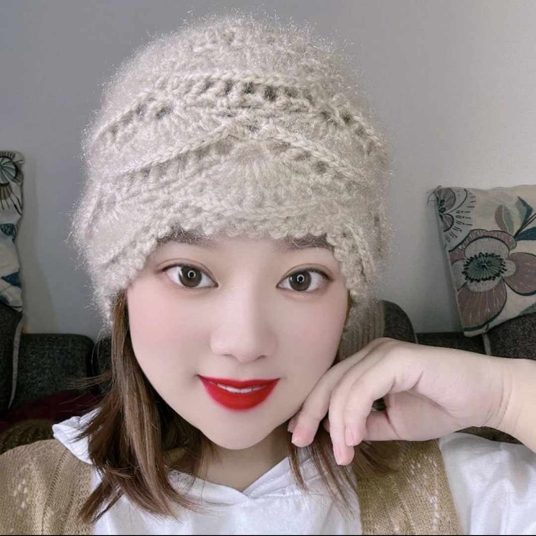 纯手工编织凤尾花包头帽松鼠绒毛线百搭女士网红针织保暖帽时尚