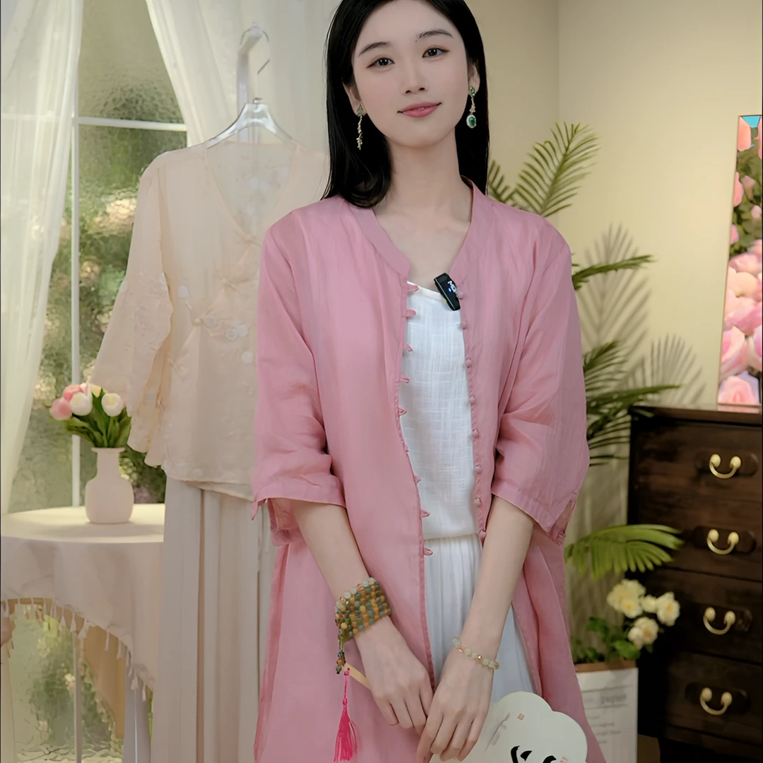 纯苎麻衬衫连衣裙上衣衬衣夏季宽松中长款时尚休闲薄款纯色中国风