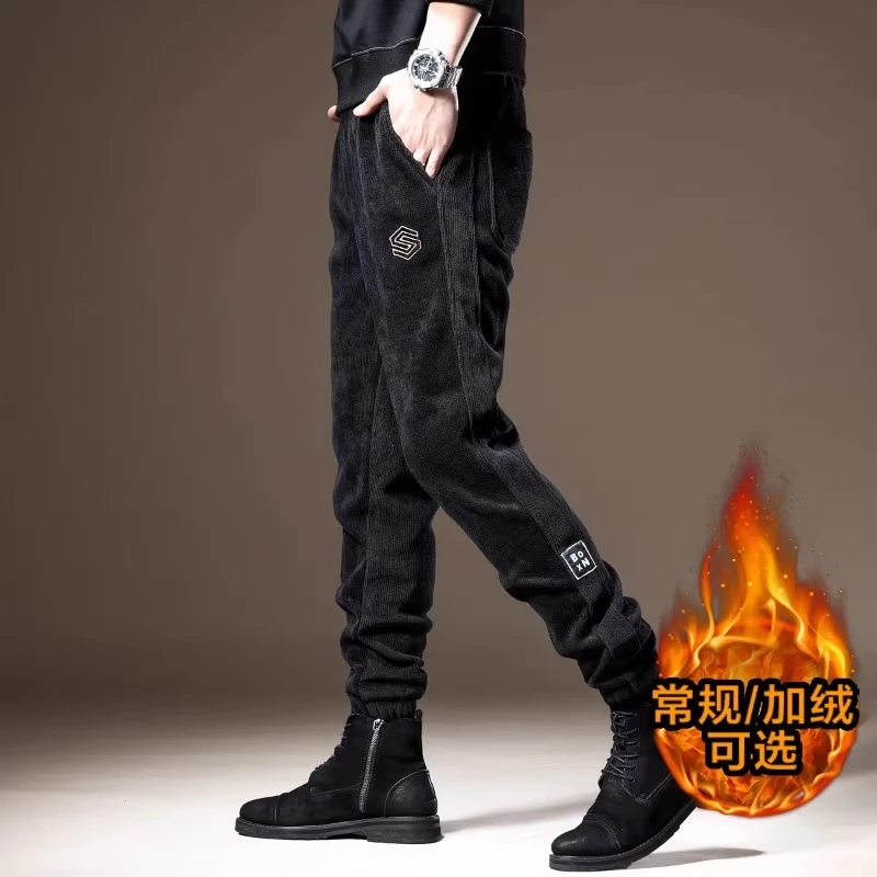 高端春季休闲裤男潮牌痞帅束脚宽松灯芯绒美式运动卫裤