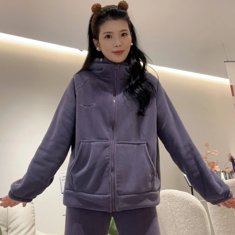 可外穿家居服2024新款冬季加绒加厚连帽睡衣套装韩时尚情侣款