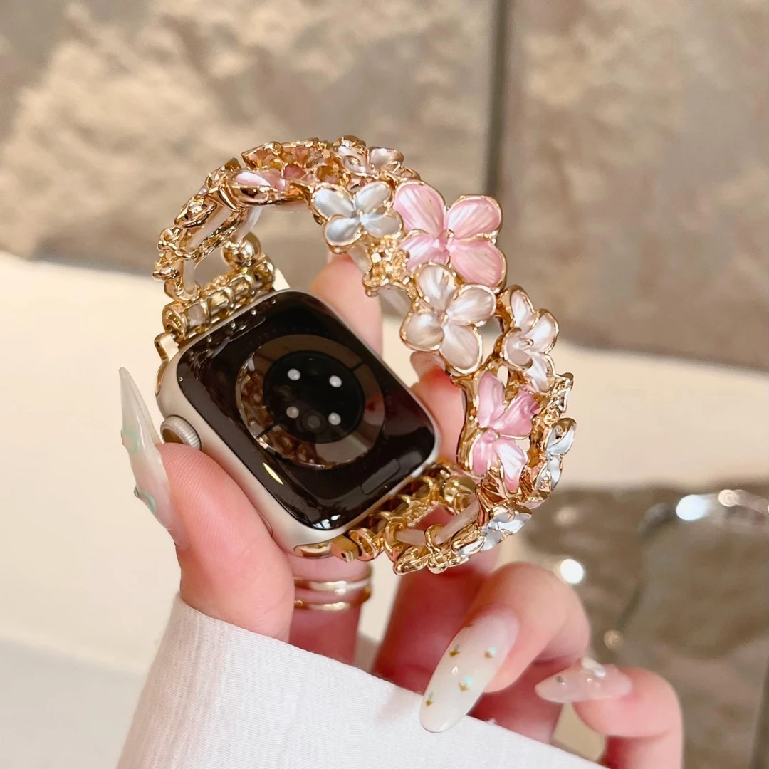 适用iwatchS10表带7新款8苹果SE手表9繁华金属弹力s8女夏S7高级S9