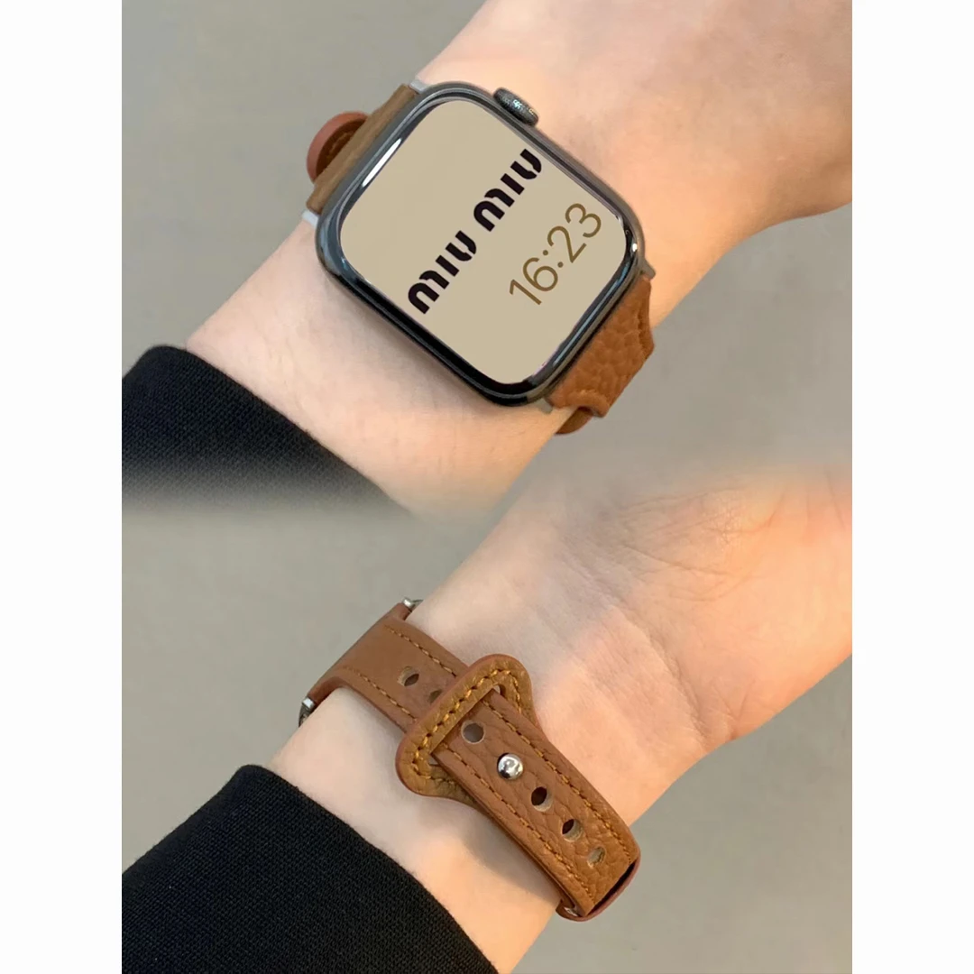 S9适用苹果手表iwatch10表带柔软S8真皮荔枝纹细款钉扣S7皮质se夏