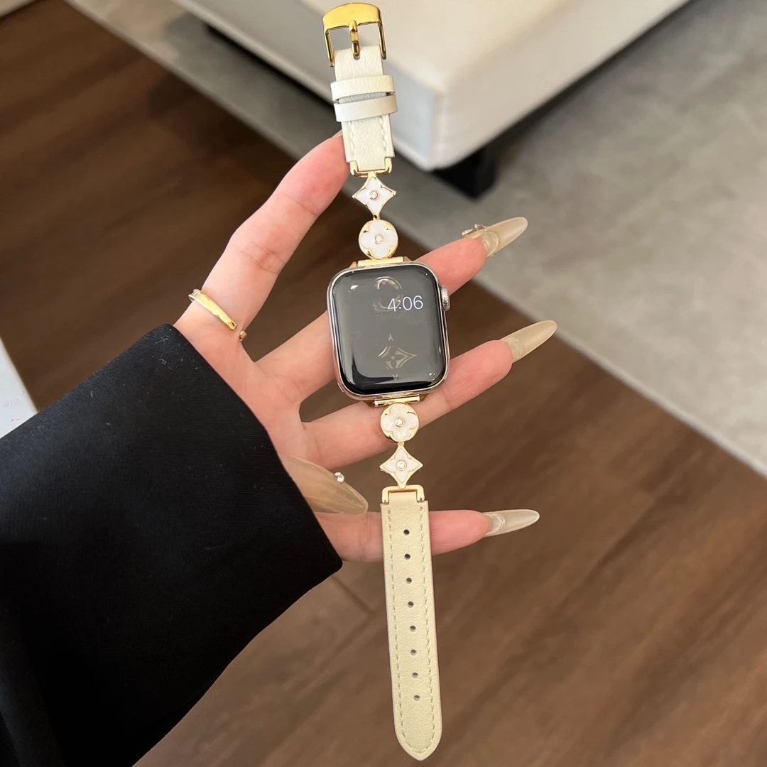适用iwatchS10苹果s8手表带四叶草拼真皮se女applewatch9高级感s9