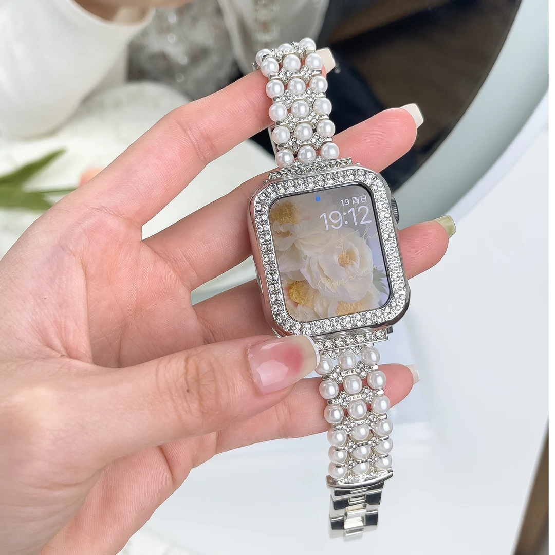 适用iwatchS10苹果手表表带女SE小众S9小香风S8高级S7珍珠链9金属