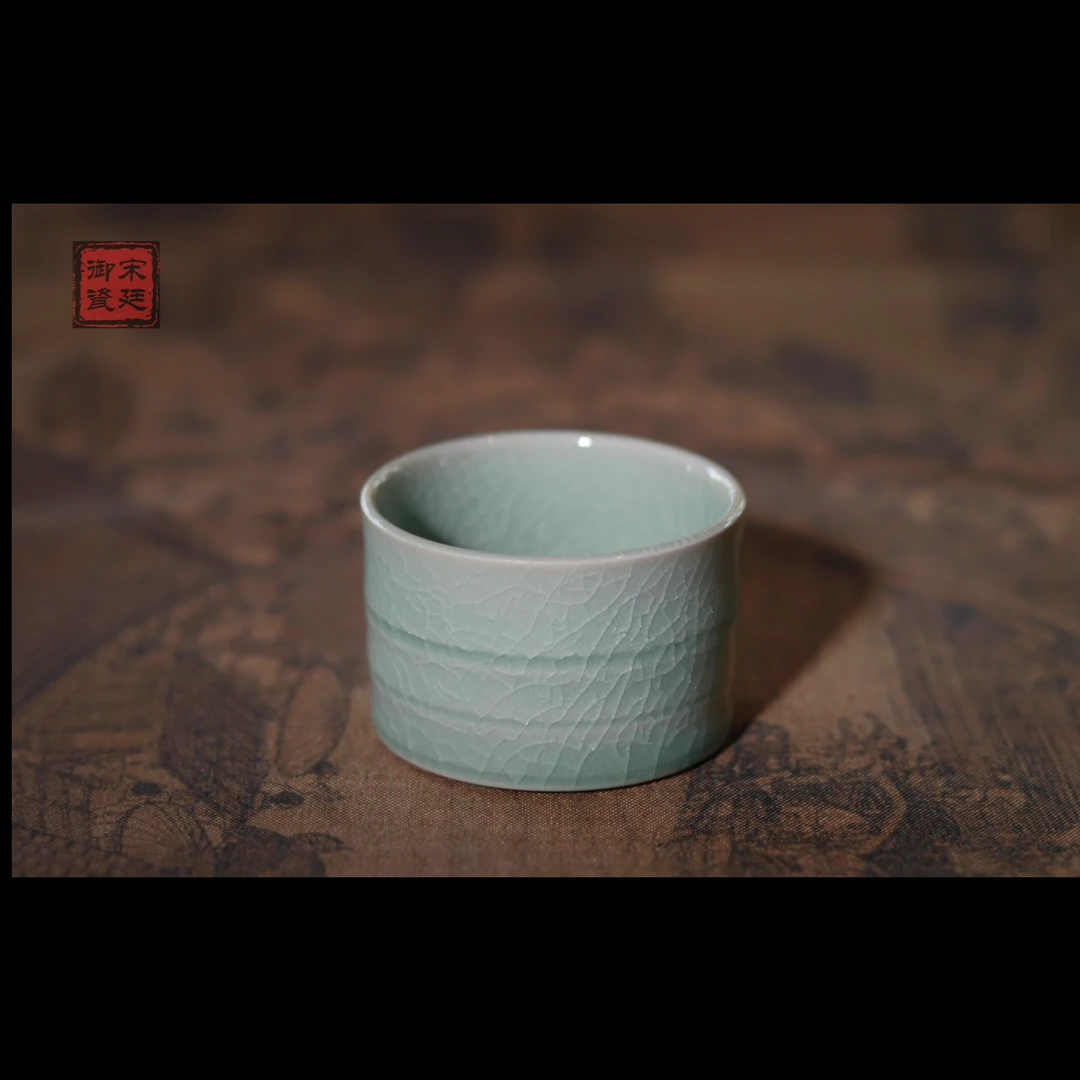 【宋廷御瓷·汝官窑】原矿青绿釉纯手工竹节杯/约60cc 原产地汝瓷