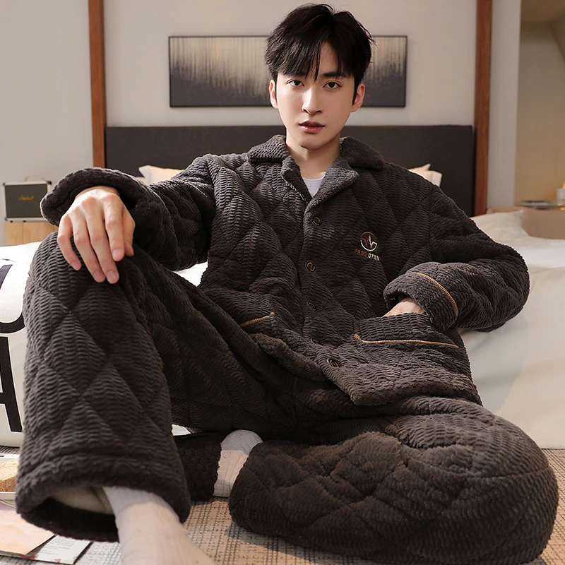 男士睡衣加厚加绒秋冬季可外穿2023新款三层夹棉大码青少年家居服