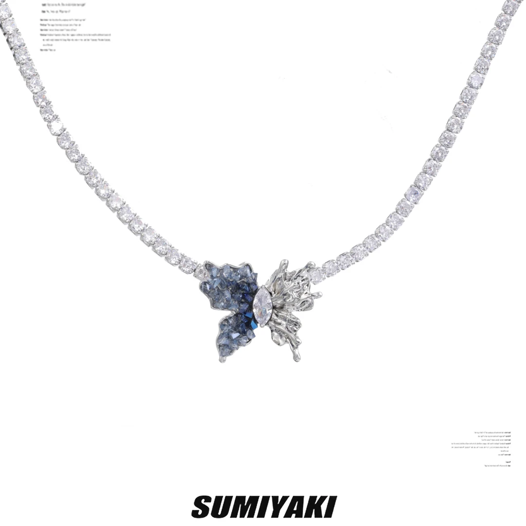铜合金合成锆石项链 SUMIYAKI绝美气质白色渐变蝴蝶项链饰品颈链
