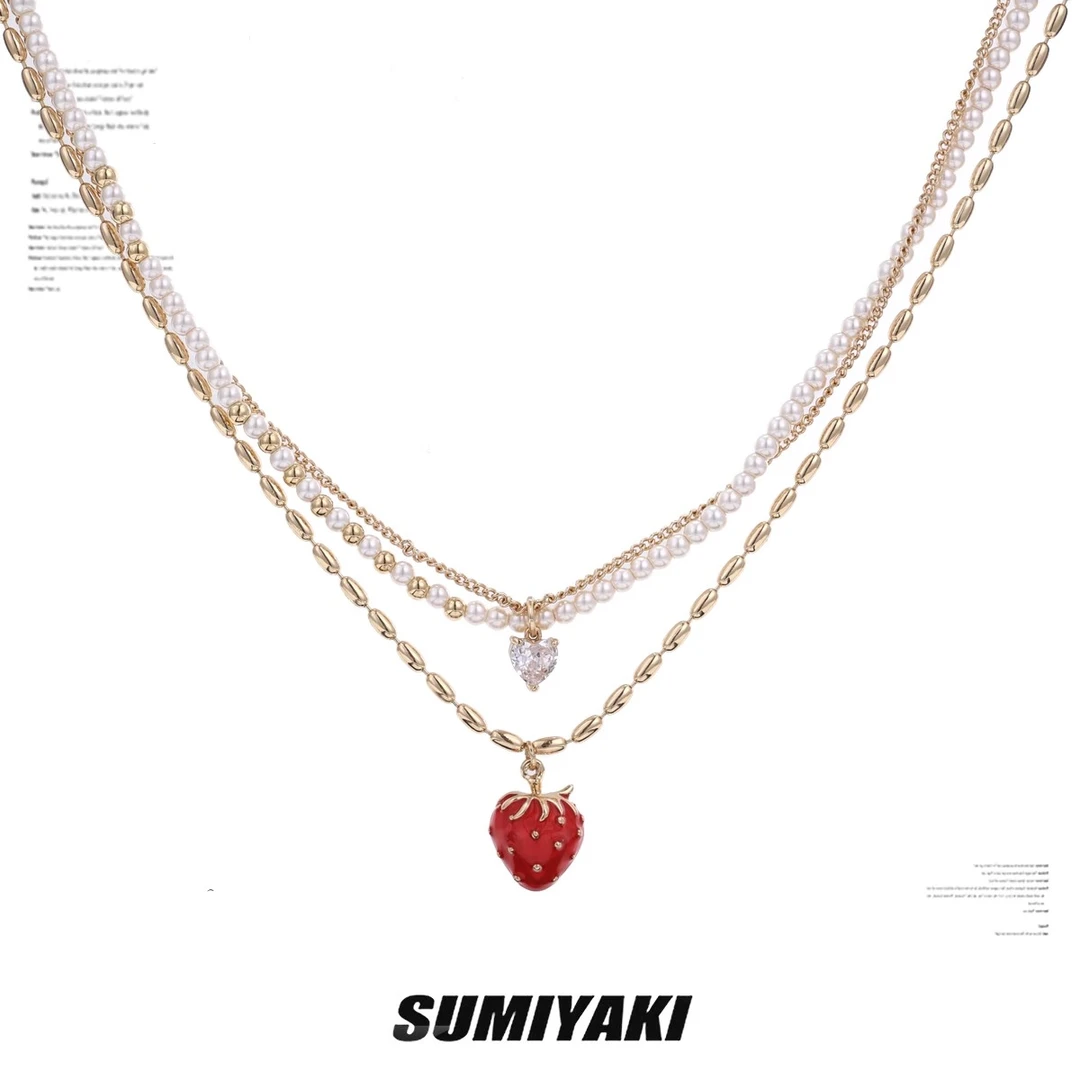 铜合金合成锆石项链 SUMIYAKI 新年限定金色草莓系列 多层项链