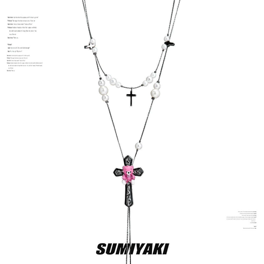 铜合金合成锆石吊坠 SUMIYAKI 朋克铆钉小熊破碎珍珠项链抽拉项链