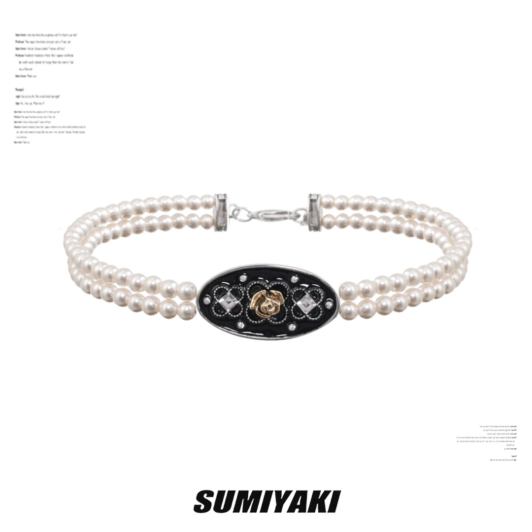 铜合金合成锆石项链  SUMIYAKI法式甜酷黑金玫瑰项链