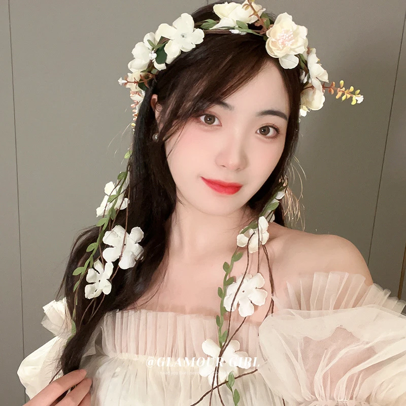 超仙少女发饰网红花朵枝叶流苏花环发箍森系时尚小清新头箍度假风