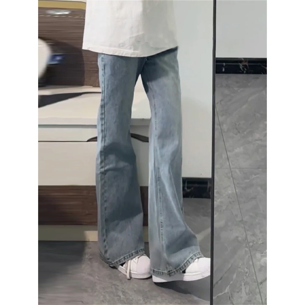 浅蓝色水洗微喇牛仔裤男款夏季美式复古潮牌修身显瘦大码直筒长裤