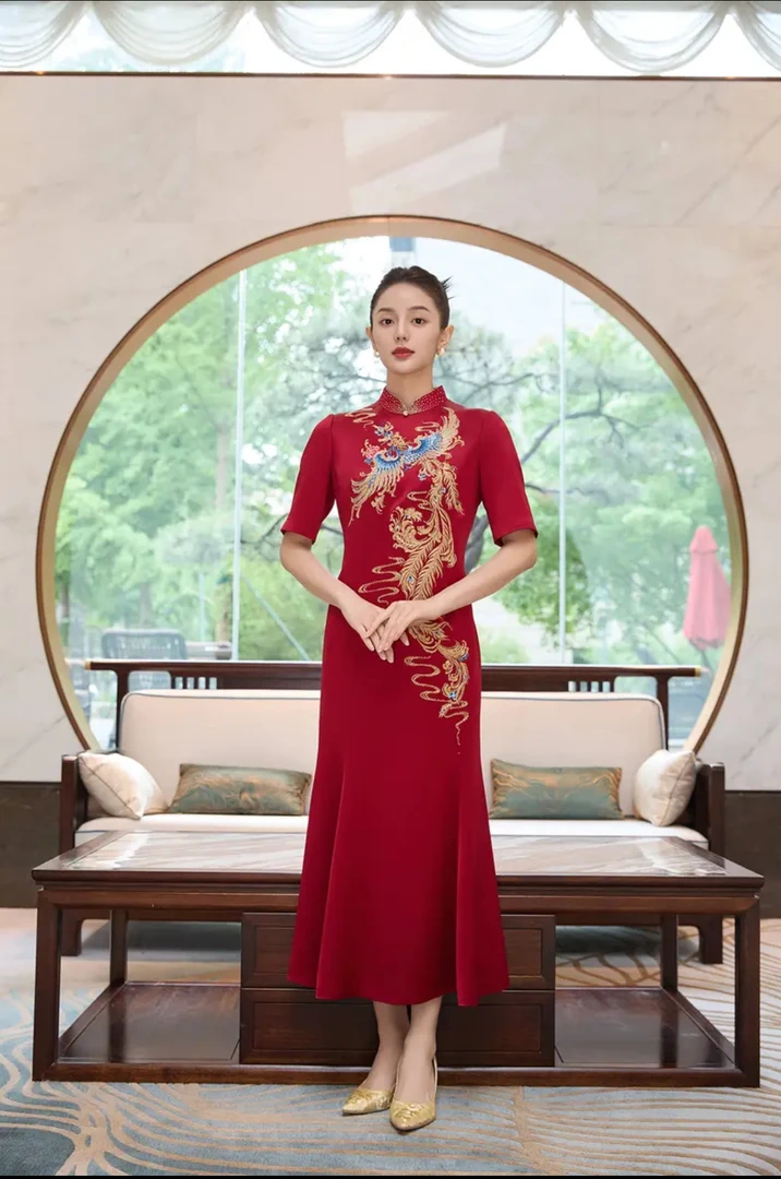 17907朱紫褕高考毕业季旗袍大码气质显瘦高贵夏季红色中式婚礼